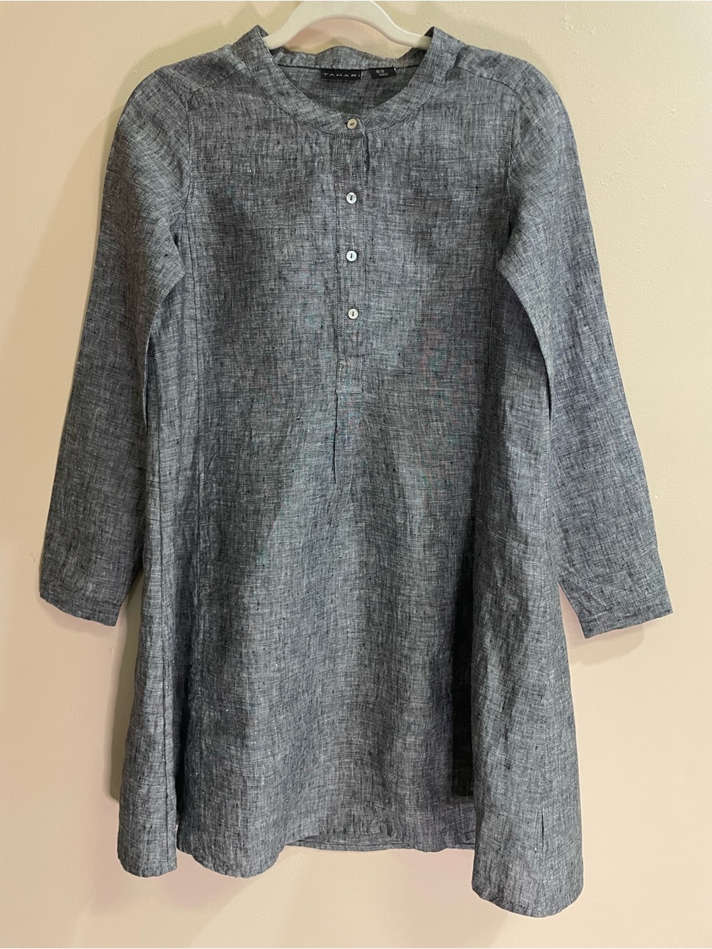 Tahari 100% Linen Gray Textured Tunic Dress | Size XS | Long Sleeve Henley